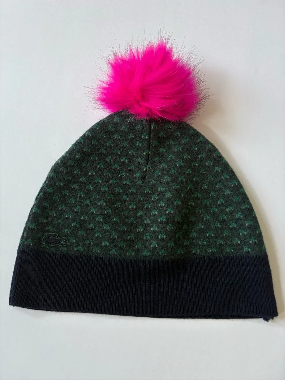 VNTG Lacoste Wool Green Blue Knit Pink Pompom Beanie Hat Women’s Logo Warm Fun